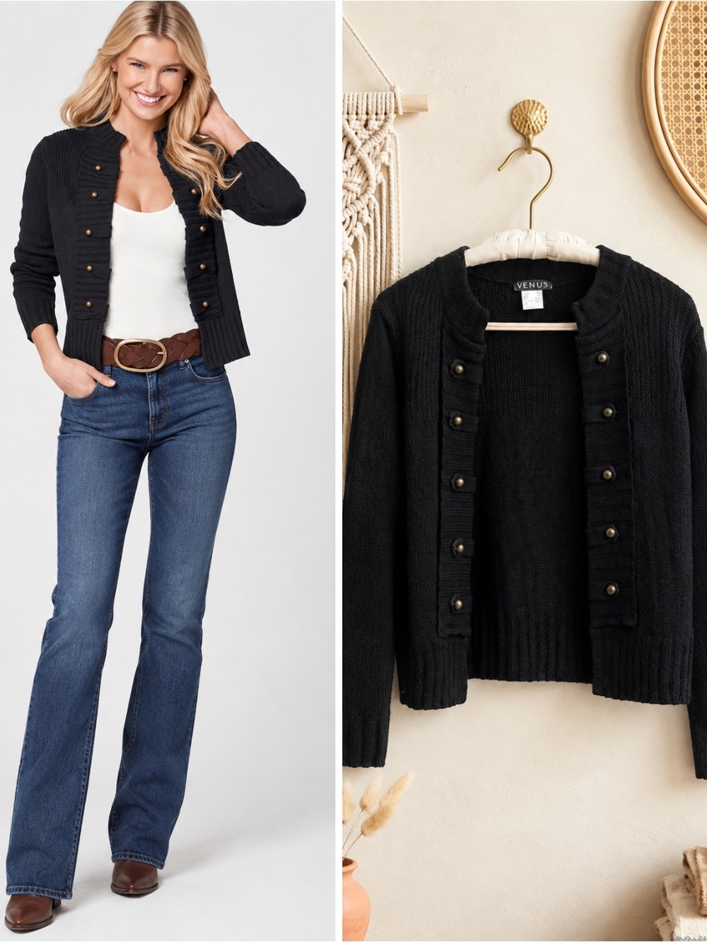 VENUS Black Ribbed Button-Front Cardigan Sweater